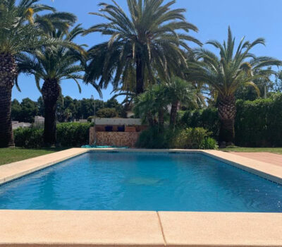 Piscine privée de la Villa Jorge Larco à Jávea entourée de palmiers