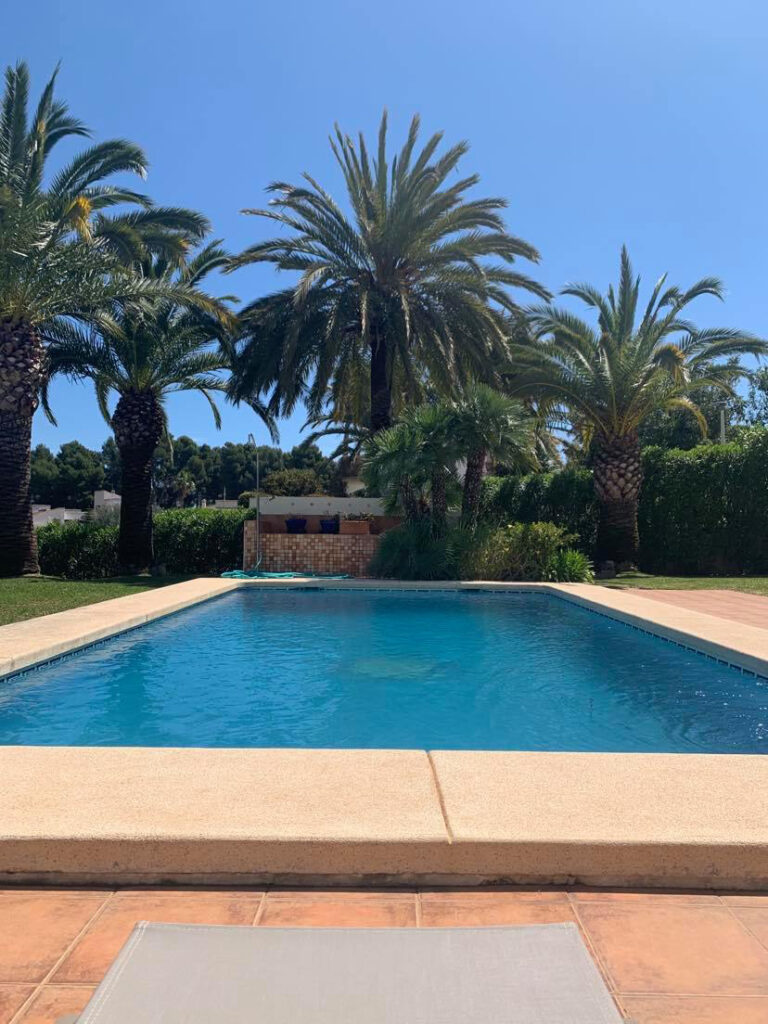 Piscine privée de la Villa Jorge Larco entourée de palmiers